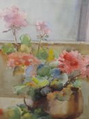 A watercolour, Connie Ashworth, Geranium, initialled, and attributed verso, 43 x 33cm, plus frame