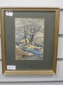 A watercolour, J.A.M, country lane, initialled, 17 x 11cm, an engraving, St David's Cathedral, 13