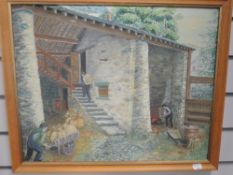 An oil painting, K Bate, barn workshop, signed and dated 1970, 40 x 50cm, plus frame