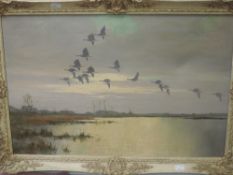 An oil painting, Wilfred Bailey, flying ducks, signed, 39 x 59cm, plus frame
