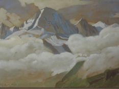 A watercolour, attributed to Theodore Howard Somervell, mountain landscape, indistinctly over