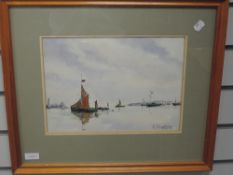 A watercolour, E Tompkins, Barges on the Blackwater, 23 x 32cm, plus frame and glazed