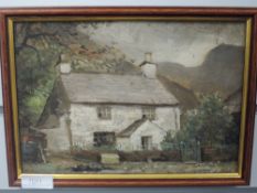 An oil painting, attributed to Elliot Seabrooke, Lakeland farmstead, indistinctly signed, 17 x 24cm,