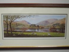 A print, after K Melling, Grasmere from Dale End, signed, 23 x 58cm, plus frame and glazed