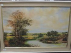 An oil painting, Arthur Fidler, river landscape, 1960's, 50 x 75cm, plus frame and glazed