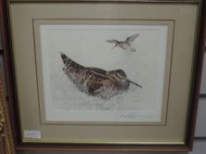 A Ltd Ed print, after Ronald Beacon, Woodcock, num 5/100, 21 x 24cm, and a watercolour, Ronald