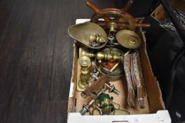 A mixed lot of brass and similar including scales, pans, nautical wheel