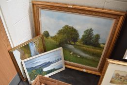 Three original art works including board and oil on canvas in gilt frame