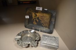 A selection of pewter Chinoiserie items including small trays dish and lidded container