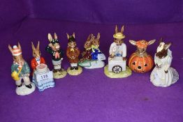 Eight Royal Doulton Bunnykins figures, Brownie DB61, Happy Birthday DB21, Paperboy DB77, Be Prepared