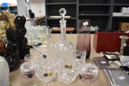 A collection of Stuart crystal and similar, also included is a vintage etched decanter.