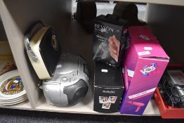 A selection of hair and nail accessories including V05 hair dryer, also two radios.