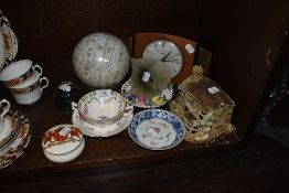 A selection of ceramics and ornaments including shell inlayed carpet bowl