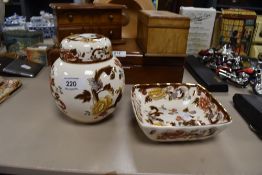 A Masons Brown velvet ginger jar and a square dish.