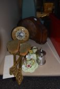 A selection of dressing table items including Staffordshire candle sticks and brush and mirror set