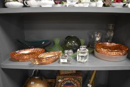 A selection of glass wares including carnival, dressing table set and fishing float