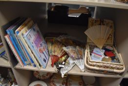 A selection of haberdashery, fans and sewing related books.