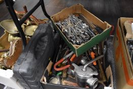 A variety of mixed tools including a good assortment of imperial spanners, drill, hammers and more.