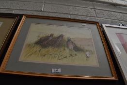A mixed media depicting game birds, framed and glazed.
