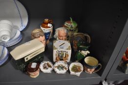 Three small sized character jugs by Royal Doulton and similar ceramics including Colmans money box