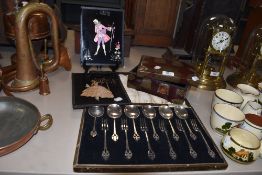 A mixed lot of items including boxed vintage spoons ,wooden box AF and foil pictures.