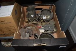 A selection of hardware including pewter cups and teapot