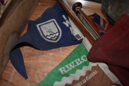Two vintage flags, including R.W.B.C Chesterfield canal.