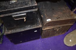 A vintage tin chest and two deed boxes.