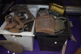 A mixed lot of flat irons, cobblers lasts,kettles, blow torches and more.