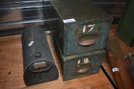 Two metal workshop draws and a foot warmer.