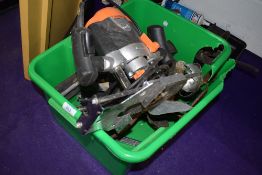 A mixed box of tools including jigsaw.