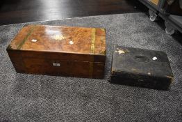 An impressive writers compendium having walnut burr case with brass fitments and a similar 20th