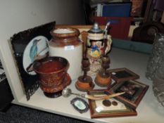 A mixed lot of items including frames, ceramics and treen items.