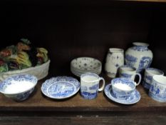 A selection of blue and white crockery including Spode and masons.