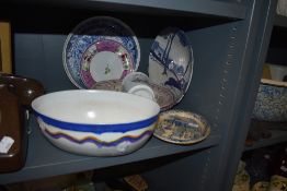 Three antique Sunderland lustre plates, a Carlton Oven Ware bowl and Fenton display plate