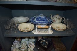 A selection of ceramics including Meakin bowls, a blue and white wear tureen and selection of etched