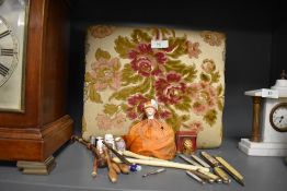 A selection of haberdashery items including lace bobbins and eight pocket or pen knives including