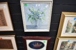 An acrylic on board of a still life signed B Smeddles and cased glass ship