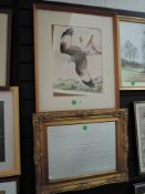 A water colour of a bird or pray, a gilt framed mirror and a print after Ron Folland
