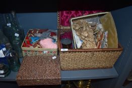 A selection of vintage sewing and haberdashery items including brush set and sewing basket