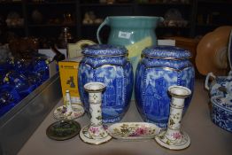 A mixed lot of ceramics including Ringtons jars, also included is a sat nav.