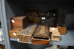 A selection of treen wood case, box and containers including candle box, glove case and jewellery