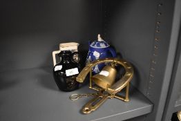 Two ceramic whiskey decanters including Dewar's and Glenturrett also a Wedgwood Jasperware teapot