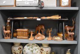 A selection of treen items including tea tray and Sorento book box having Swift decoration
