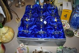 Six vintage Babycham glasses, a LIlliput lane and two Banbury mint railway scenes.