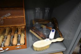 A selection of dressing table items including frosted blue glass set
