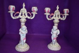 A pair of antique candle sticks in a Mintons style decorated with cherubs and roman column