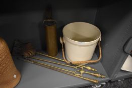 A selection of vintage fire side items and a brass military ammunition shell