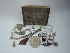 A small silver plated cigarette box containing a selection of silver and white metal jewellery and