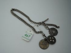 An HM silver graduated link watch chain with T bar and medalions, approx 13' & 69g